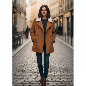 Forever 21 Tan Faux Fur Collar Brown Peacoat L Double Breasted Y2K Fall Winter